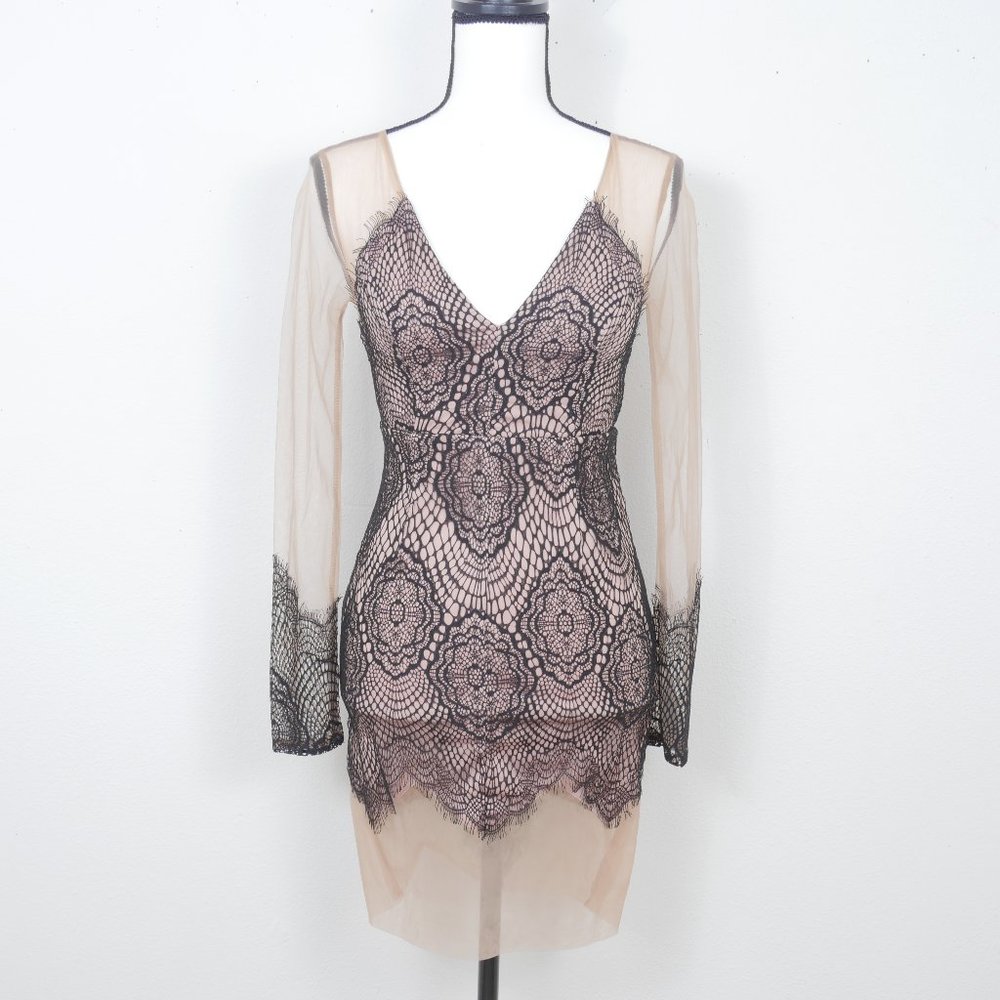 Beidifan Nude Sheer Long Sleeve Black Lace Romantic Sexy Deep V SZ 8 Retro Dress